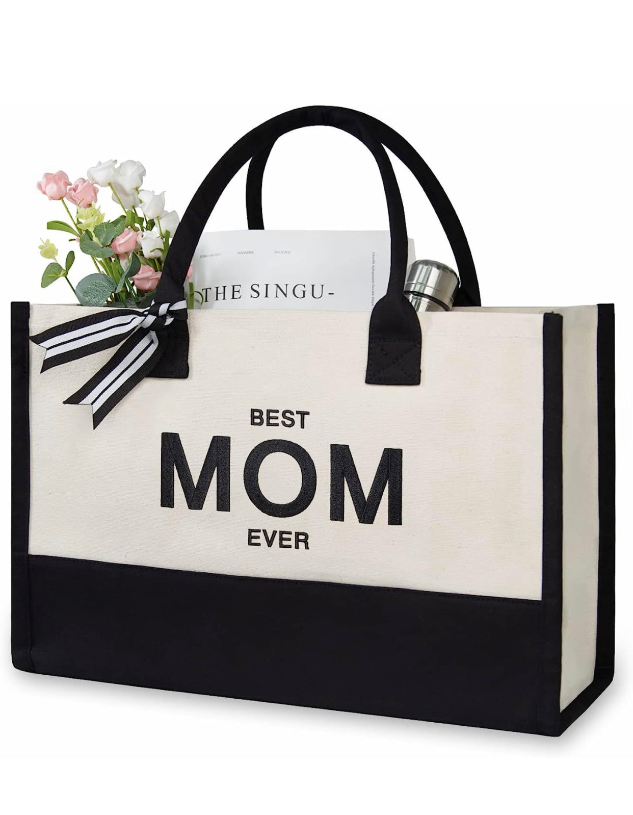 Best Mom Ever Canvas Tote Bag With Leather Straps