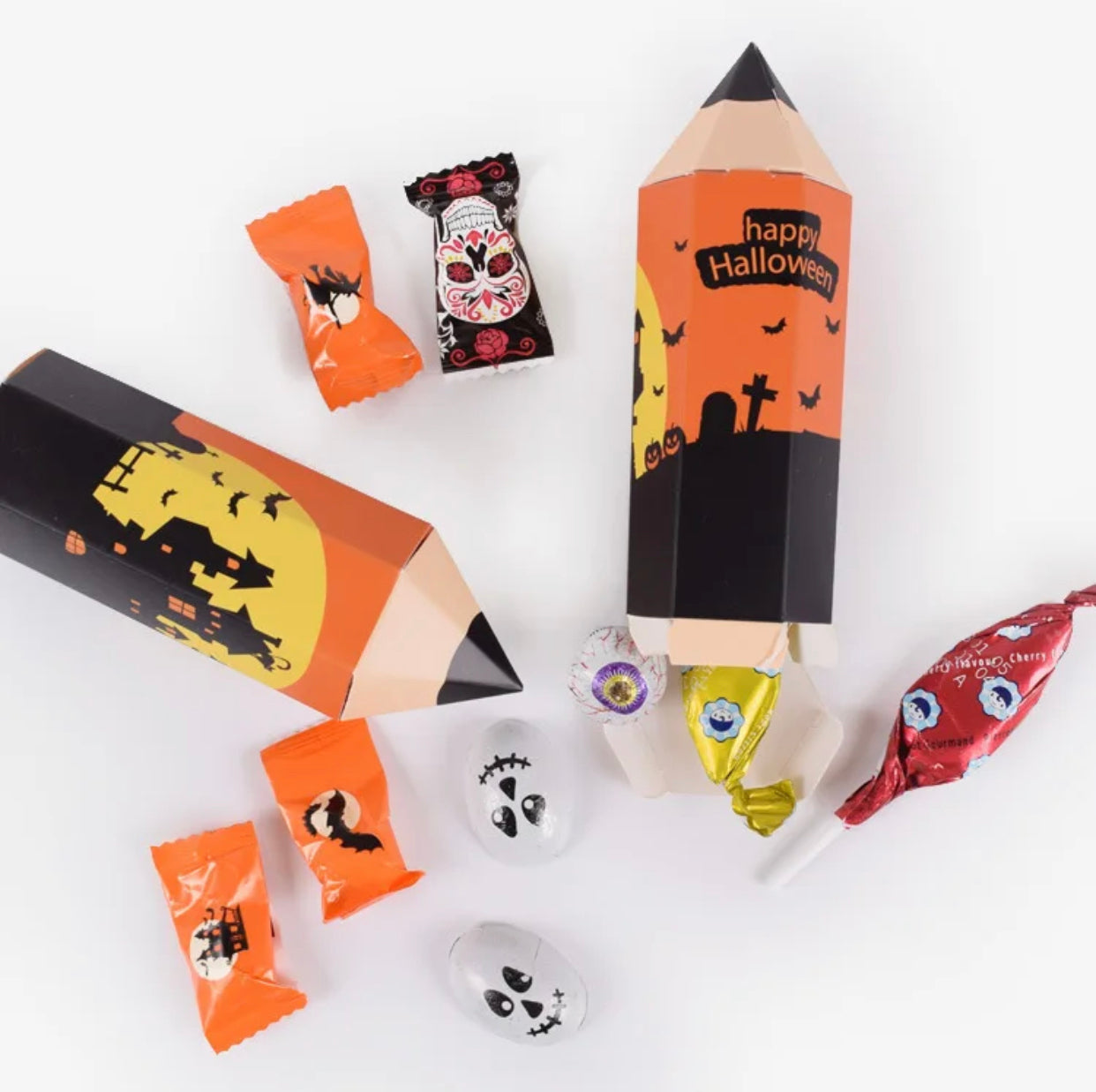 Orange Halloween pencil treat boxes